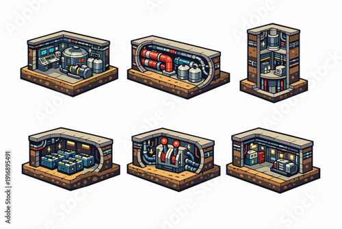Futuristic underground bunker isometric pixel art concept set with industrial machinery