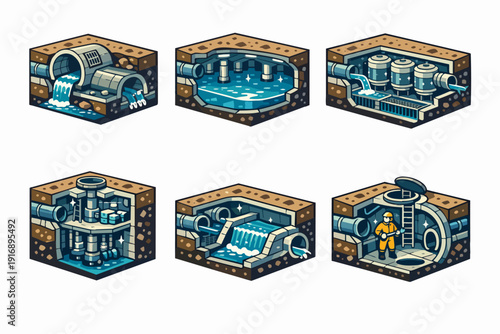 Underground water and wastewater system process stages with worker isometric view