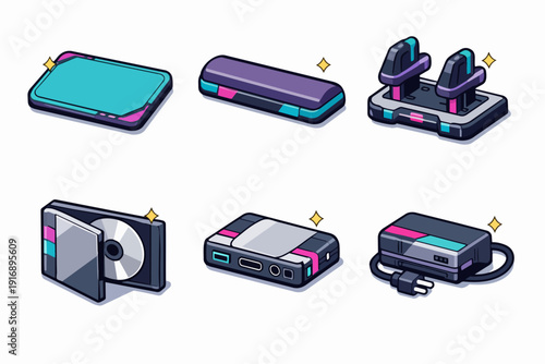 Isometric collection of futuristic digital devices and game assets in cyberpunk style