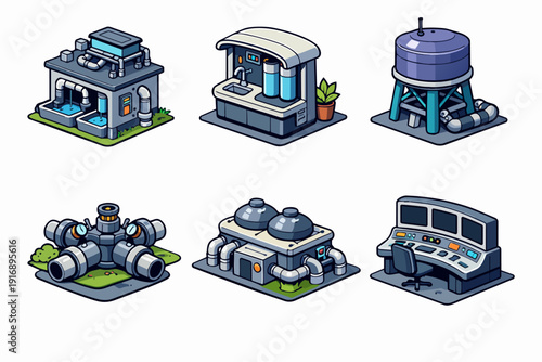 Industrial infrastructure set featuring water storage, treatment and control center icons