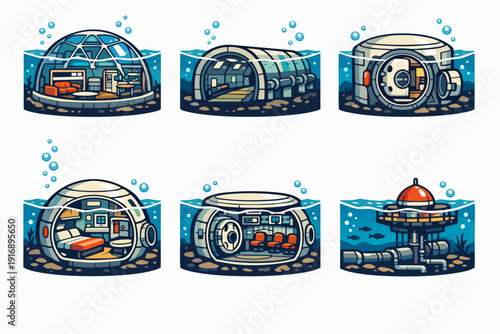 Underwater habitats and futuristic bases set, exploring ocean colonization technology