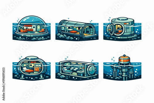 Underwater research habitats and futuristic sea bases exploring ocean life