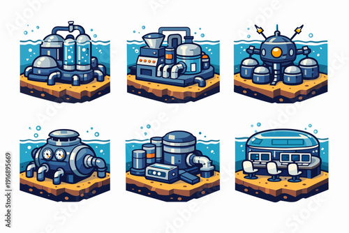 Underwater research base icons set studying ocean biology and marine technology