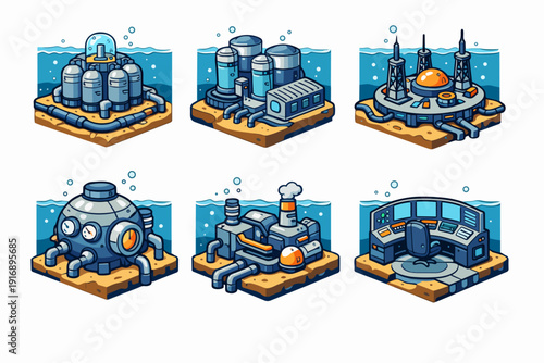 Isometric collection presenting various underwater research facilities and habitats on the seafloor