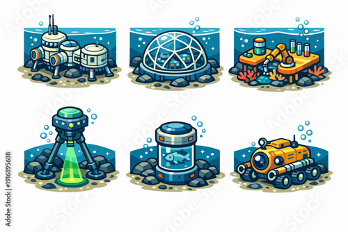 Underwater research base modules and vehicles for ocean exploration illustration