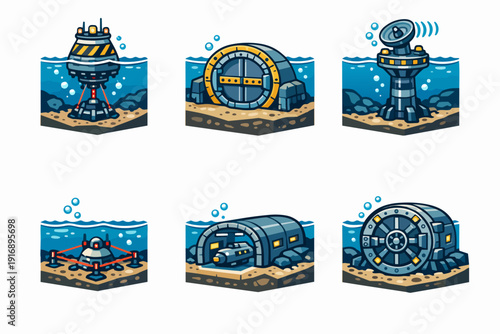 Underwater research base icons and subsea technology exploring marine science