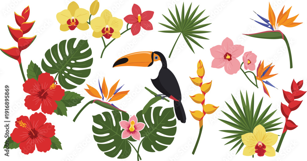Obraz premium Colorful illustration of a toucan surrounded by tropical flowers and leaves in a vibrant jungle scene