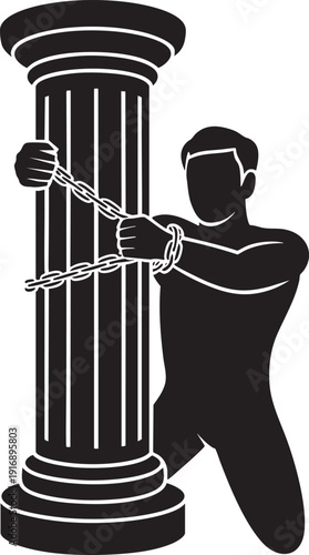 Man chained to pillar struggling against oppression showing political protest and fighting for freedom with symbol of freedom