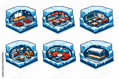 Ice cave interiors collection featuring various rooms and underground building spaces