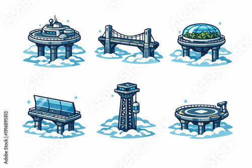 Futuristic flying city elements with sky infrastructure and transportation architecture
