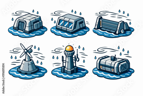 Futuristic floating architecture and energy production creating offshore base icons