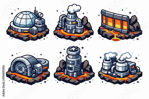 Sci-fi building elements on lava rock, illustrating a future industrial colony
