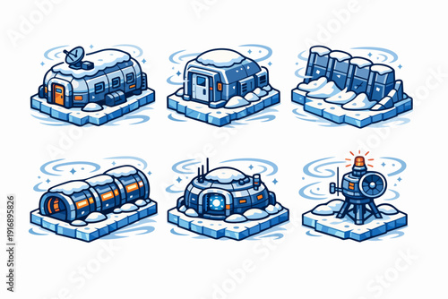 Arctic research station buildings set on ice, modern polar outpost structures