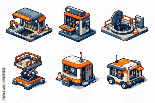 Industrial isometric game assets displaying equipment, tools, and construction machinery
