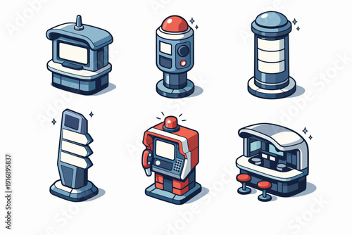 Sci-fi isometric icon set featuring retro arcade machines and future info kiosks