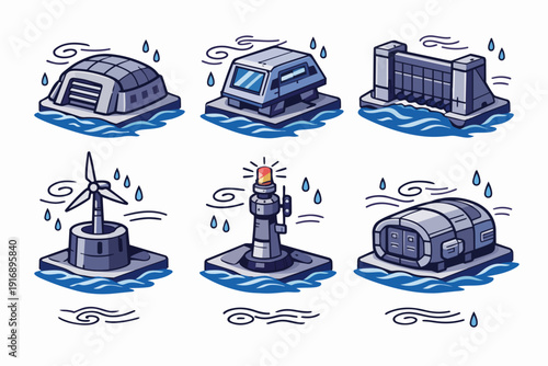 Ocean energy futuristic stations and floating structures generating electricity