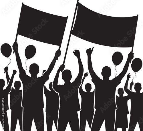 Crowd of protesters with flags and balloons holding signs demanding change showing political rally and protest march