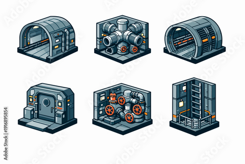 Sci-fi industrial game assets isometric bunker laboratory elements with pipes