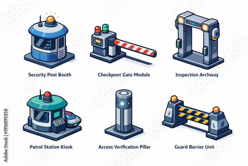 Isometric security assets including gate, barrier, inspection archway, and guard posts