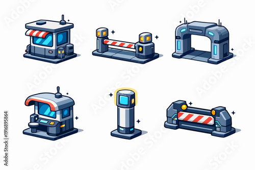 Isometric futuristic toll booth and gate assets for game or app interface design