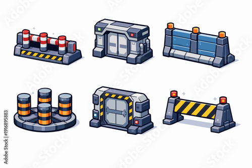 Isometric sci-fi barriers and gates set creating futuristic game assets elements
