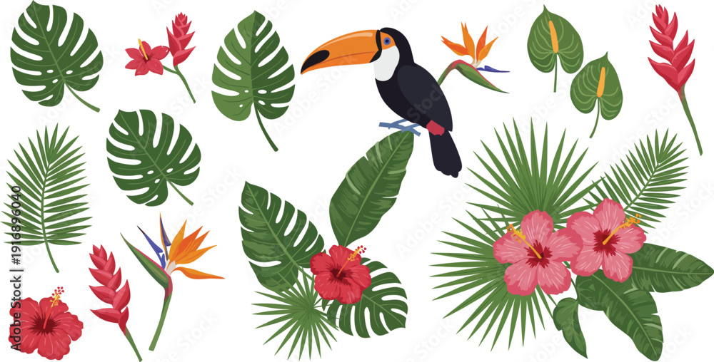 Fototapeta premium Colorful tropical leaves flowers and a toucan bird on white background illustration collection