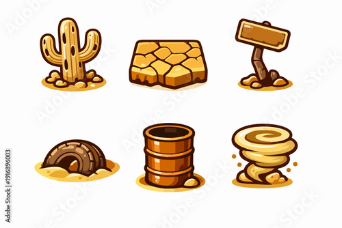 Desert game assets with cactus, cracked earth, road sign, tire, barrel, and whirlwind