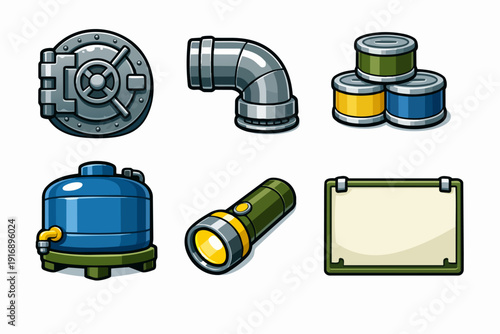 Survival kit icons with vault door, pipe, water tank, flashlight and empty sign