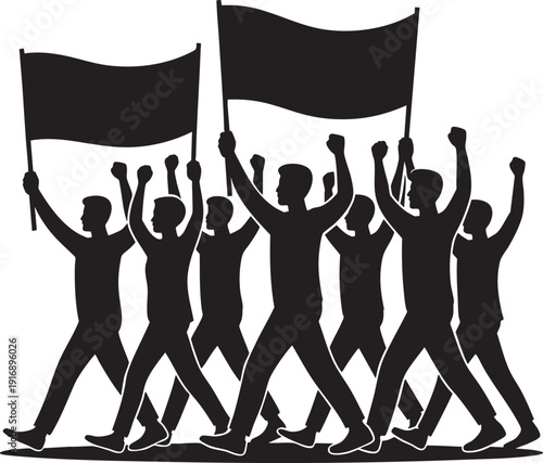 Group of people marching with flags, silhouette representing unity and protest