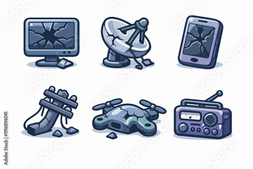 Destroyed communication and technology devices, showing digital breakdown and obsolescence