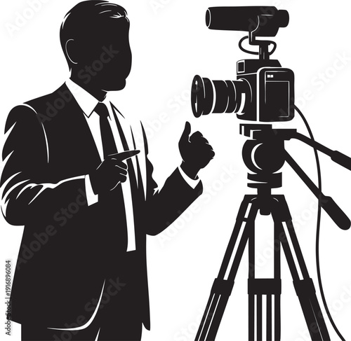 Man speaking to camera with video camera on tripod showing journalist and broadcast reporter interview
