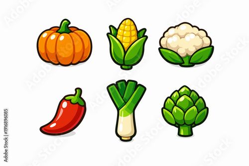 Cartoon vegetable icons representing healthy eating and fresh organic food