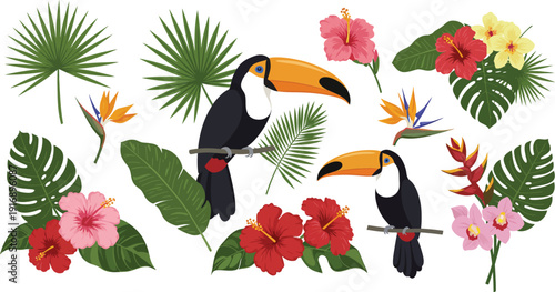 Toucan birds perched among tropical flowers and foliage in a vibrant jungle scene illustration