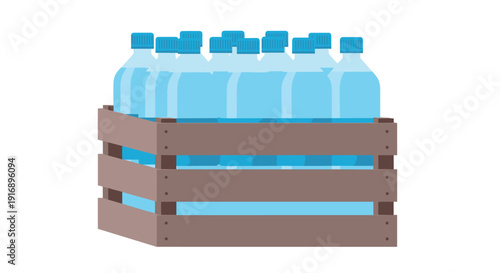 Multiple plastic water bottles with blue caps are neatly packed and stored inside a rustic wooden crate.