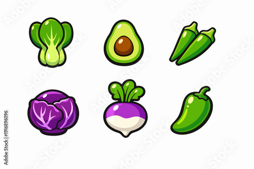 Cute cartoon vegetables icons set including avocado, bok choy, okra, and turnip