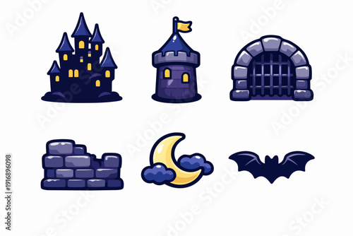 Spooky cartoon castle and halloween elements set for fantasy game assets