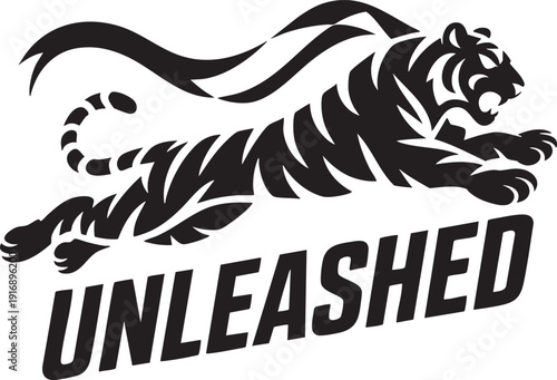Leaping tiger graphic with word unleashed powerful wild animal strength freedom dynamic energy