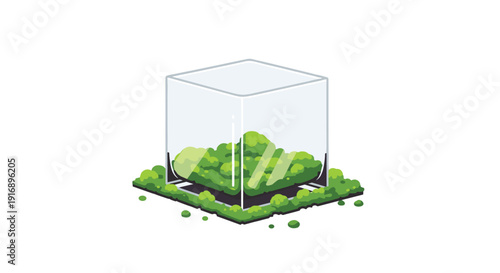 A transparent glass cube terrarium encloses a vibrant miniature green garden with small plants and lush moss inside.