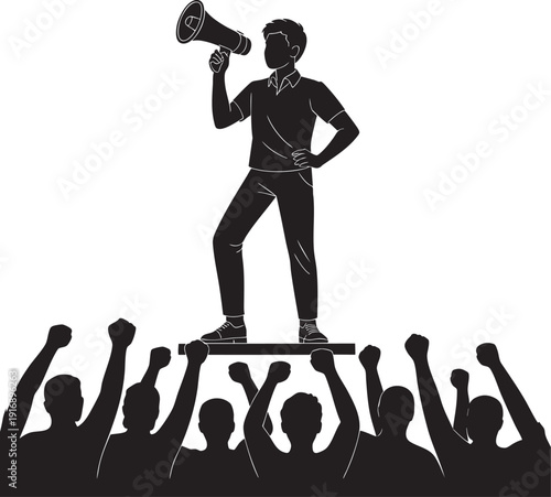 Man with megaphone on platform addressing crowd with raised fists political protest rally