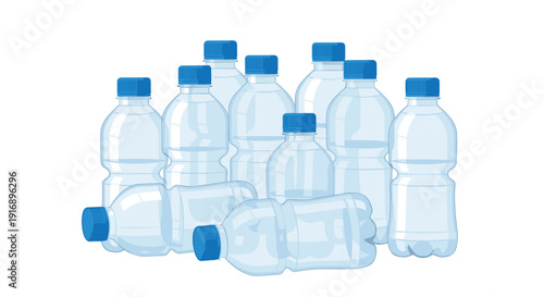 A random cluster of various plastic water bottles with blue caps is scattered on a plain white background.