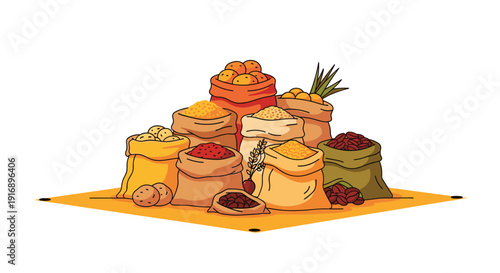 Multiple burlap sacks filled with various dry goods like potatoes, spices, grains, and coffee beans.