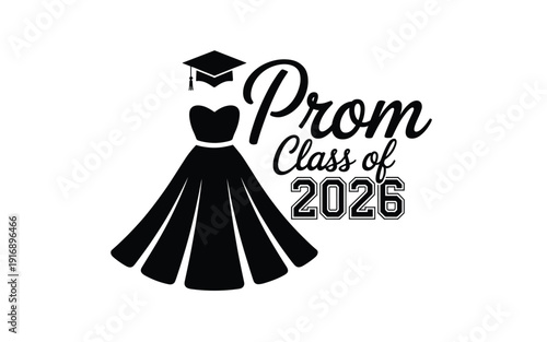 A minimalist vector graphic illustration of a prom dress and graduation cap for the class of 2026