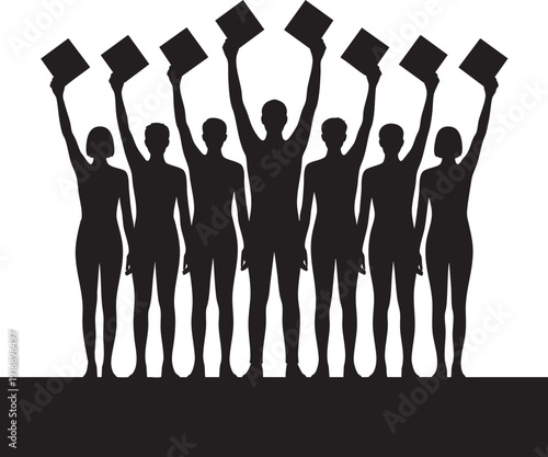 Group of people holding books up in solidarity, demonstrating unity and support, concept of education and knowledge sharing