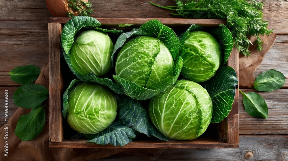 Fototapeta premium A wooden crate filled with green cabbage. The cabbage is fresh and ready to be eaten