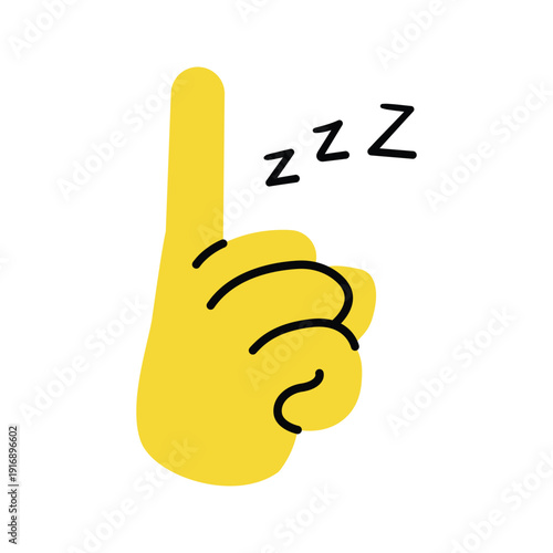 Yellow hand pointing index finger up with sleep symbols for silence and quiet rest time. Hand drawn doodle illustration vector design.