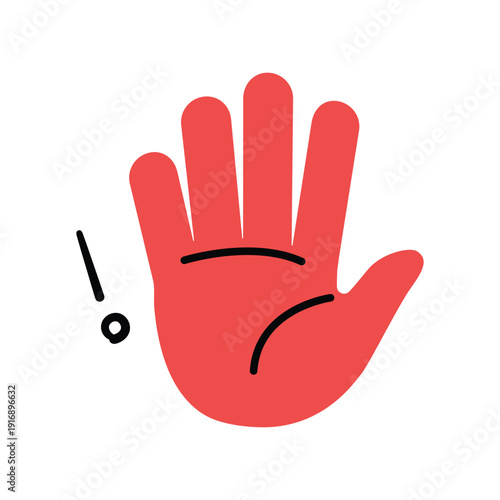 Red hand showing stop gesture with exclamation mark for warning caution and attention. Hand drawn doodle illustration vector design.