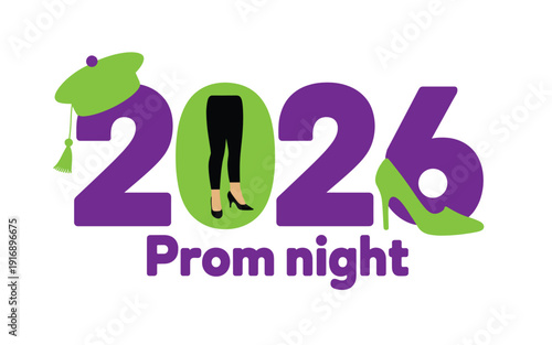 A colorful vector graphic illustration of a 2026 prom night logo with purple and green design elements