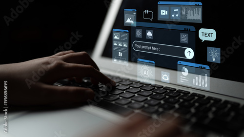 Billede på lærred Prompt driven AI interface enabling text, image vision, audio and media video data neural asset and tool in smart creation chat workspace edit