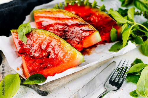Sweet toasted watermelon with red pepper and mint