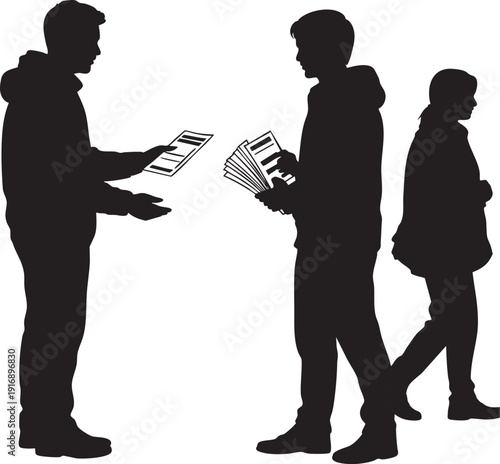 People distributing leaflets on street, recruitment, information sharing, communication, discussion, social interaction, walking, walking past